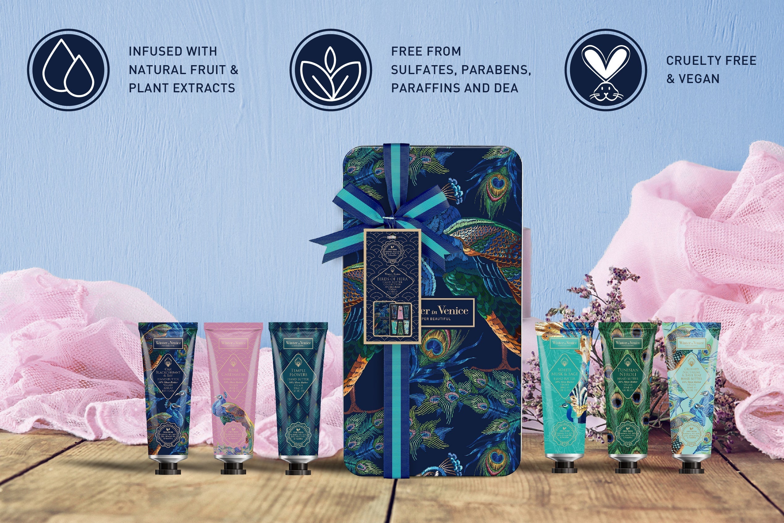 Winter In Venice Birds of Hera Hand Butter Tubes Tin Set